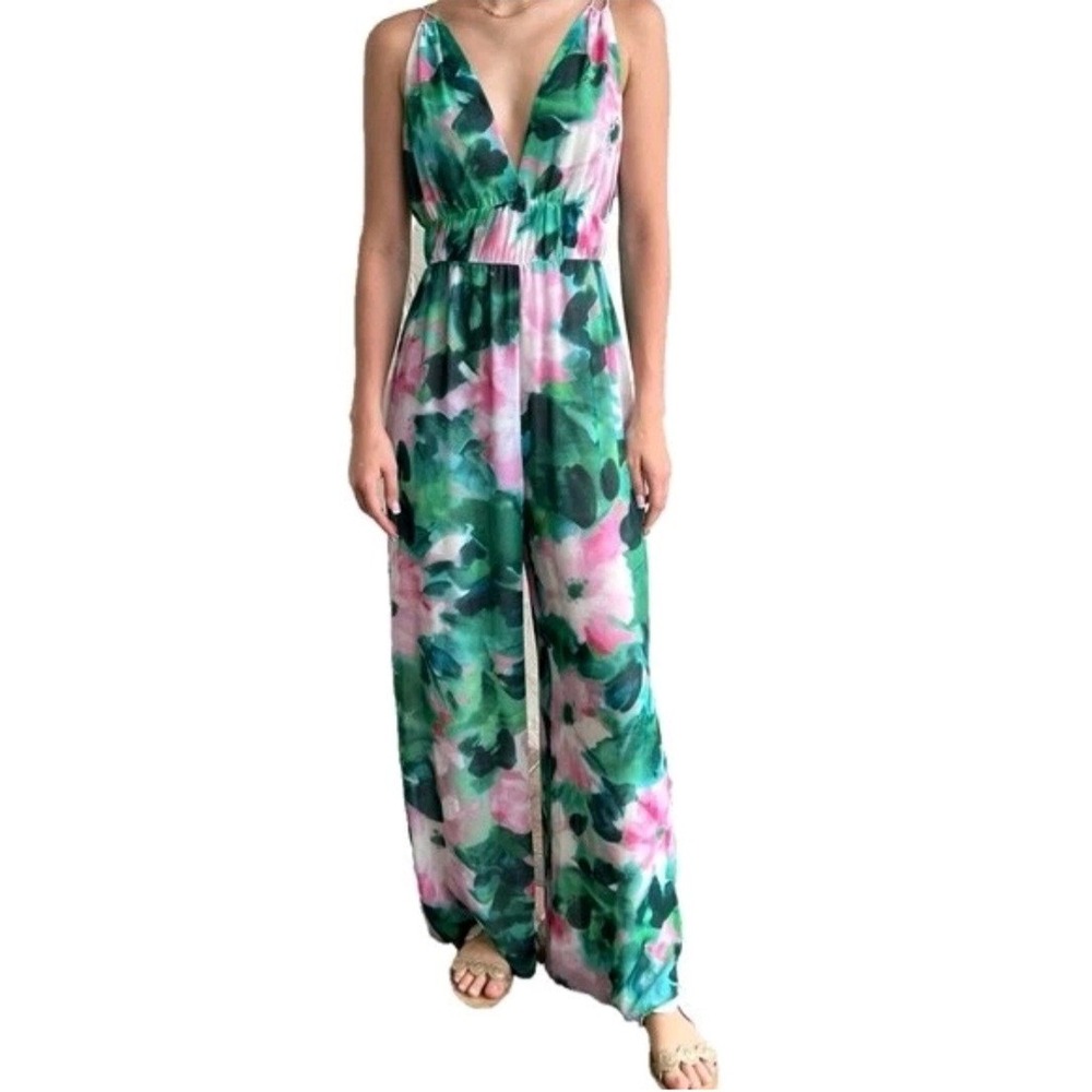 Zara Jumpsuit Pantsuit Floral Wide Leg Green Pink Sleeveless Chiffon V-Neck Sz S